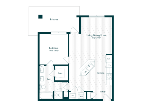 Floor plan for 1 bed, 1 bath, 830 sqft